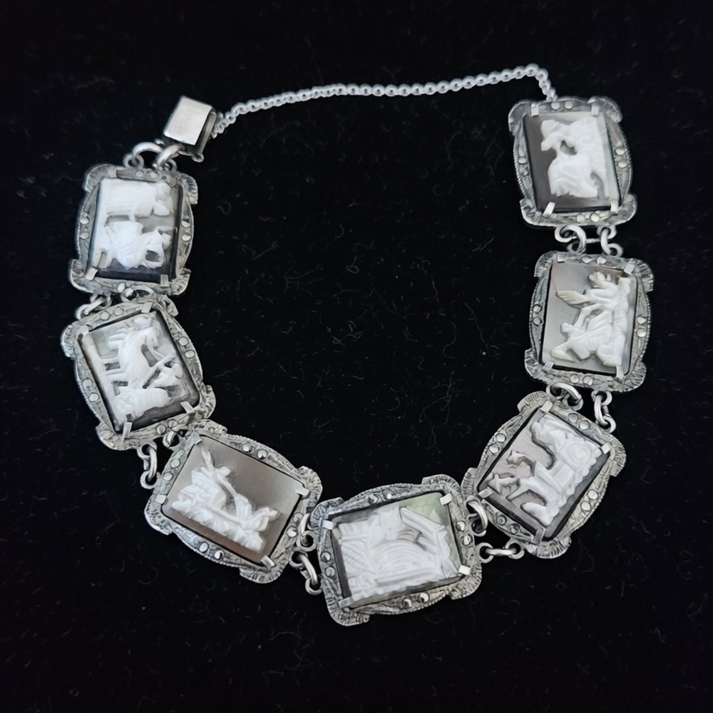 Antique Art Deco Mother Of Pearl Cameo Sterling Silver Bracelet Marcasite - Picture 4 of 10